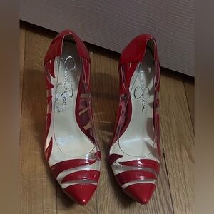 Jessica Simpson Red Patent Cutout Pointed Toe Pumps